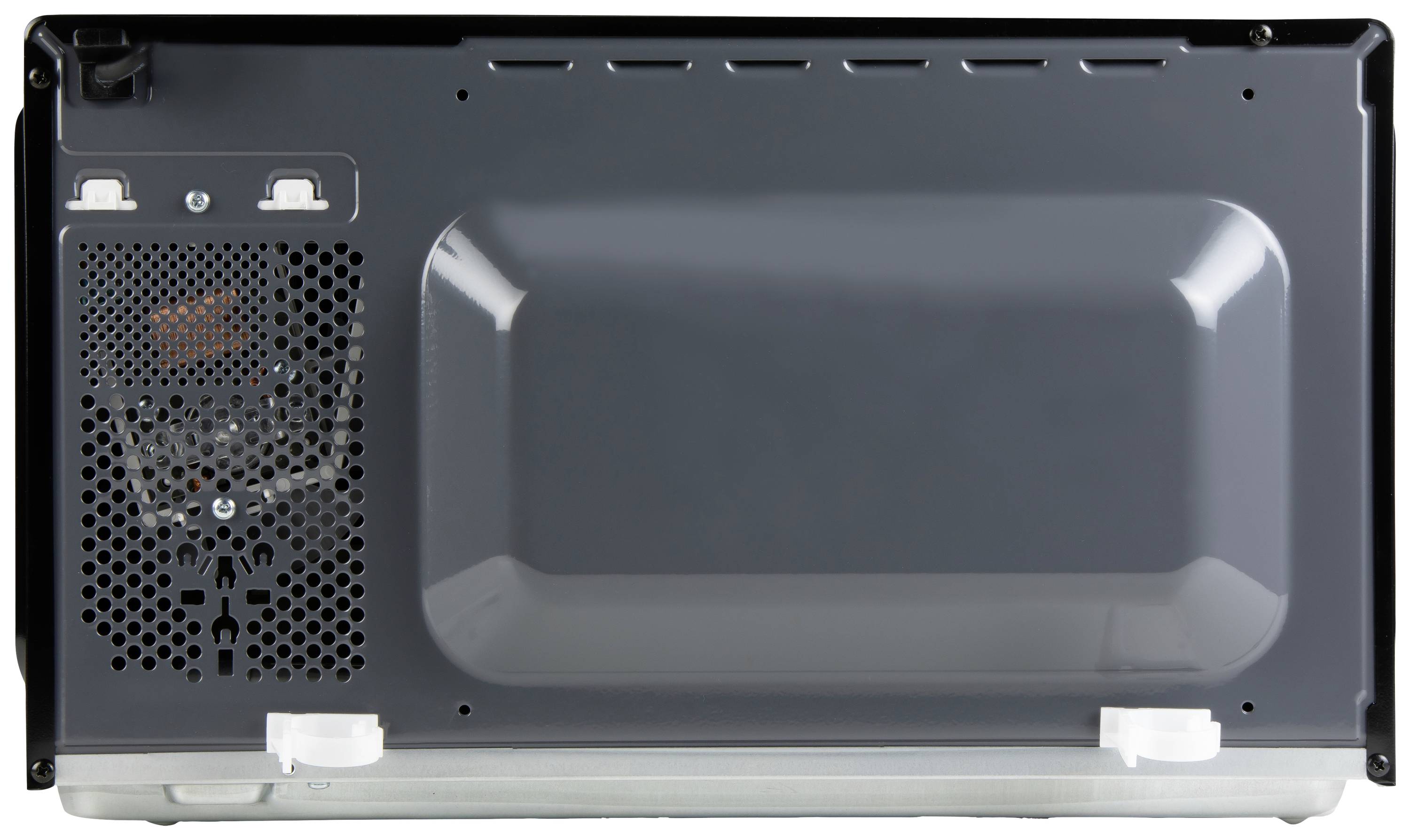 Bakifrån-vy av en mikrovågsugn, visad med ventilationsgaller och nätkabel på vänster sida. Enheten står på en plan yta.