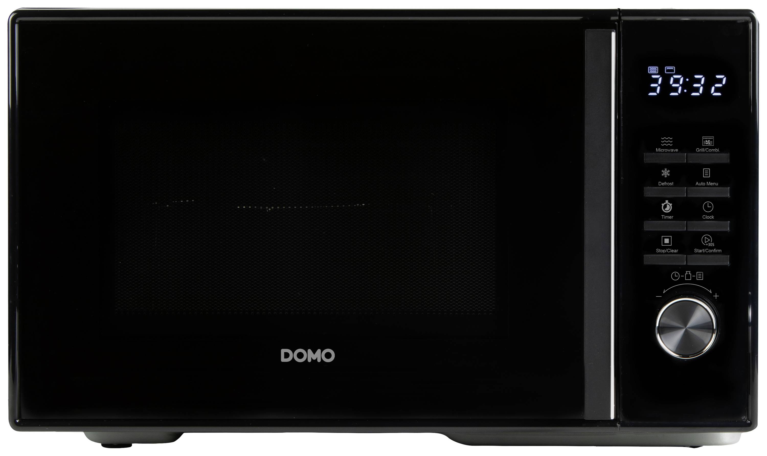 Svart mikrovågsugn med digitalt display till höger, visar tid '39:32'. Knappar för inställningar nedanför. Märket 'DOMO' synligt framifrån.