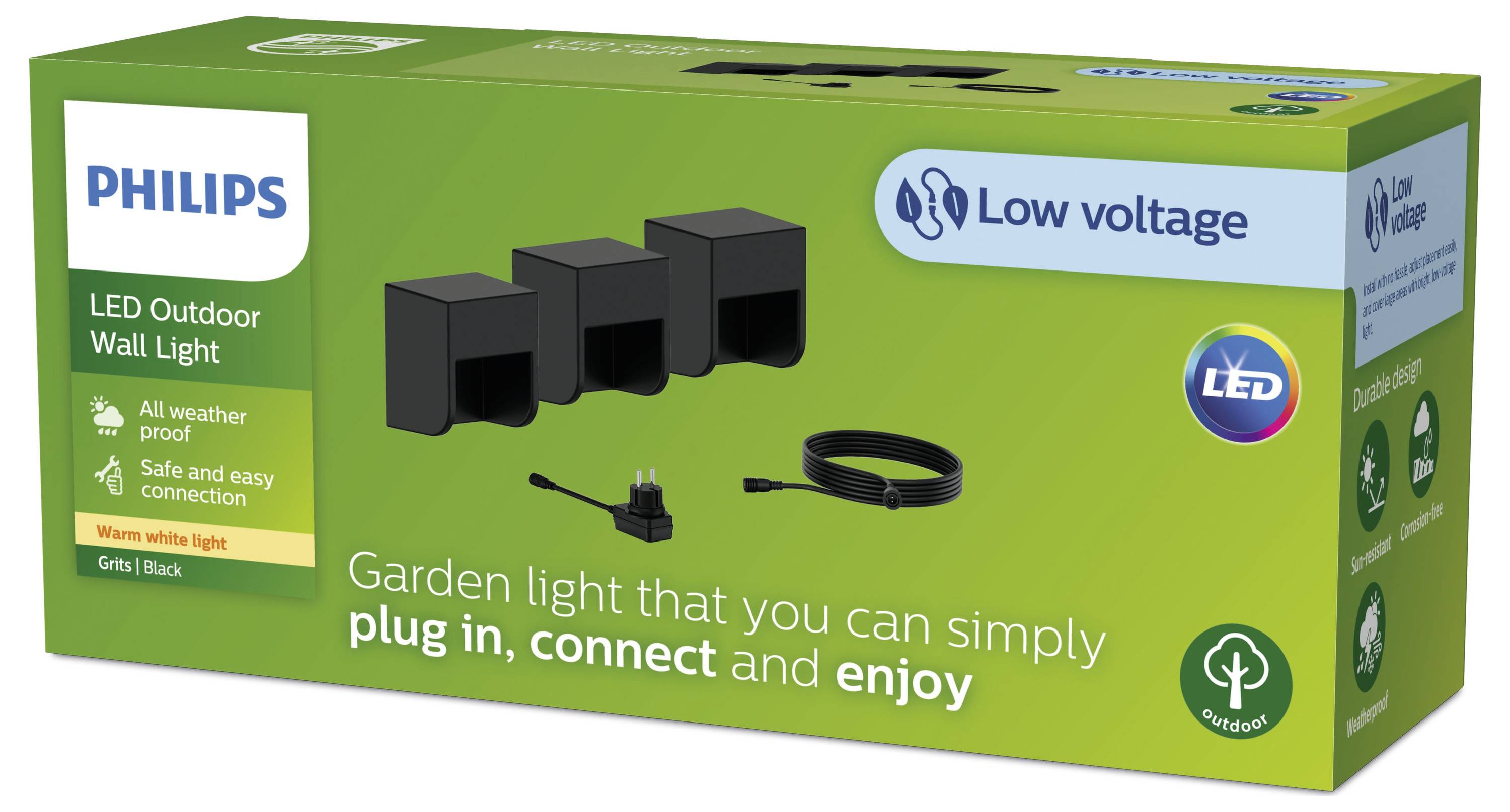 Grön förpackning för Philips LED-utevägglampa med tre lampor i svart, lågspänning, lätt att ansluta, väderbeständig.