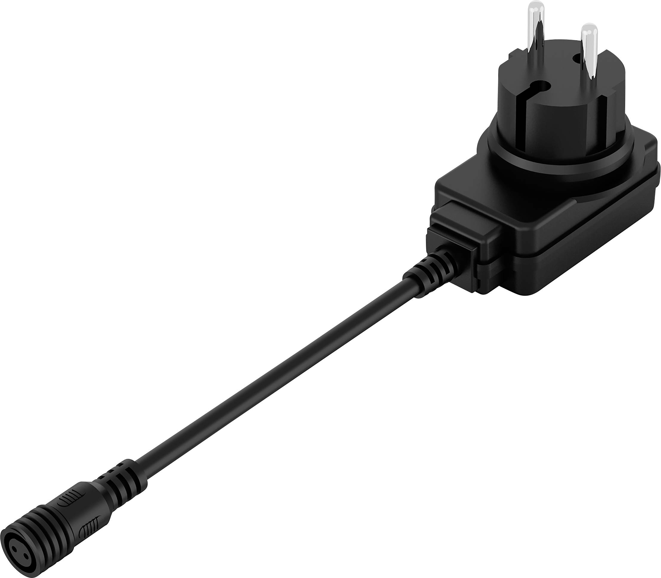 Europeisk nätadapter med långt anslutningskabel, lämplig för olika elektroniska enheter.