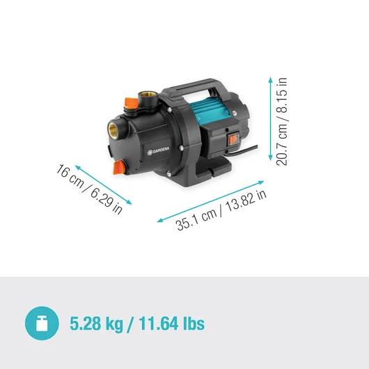 En kompakt vattenpump med dimensionerna 35,1 cm x 20,7 cm x 16 cm och vikten 5,28 kg (11,64 lbs) visas med måttbeteckningar.