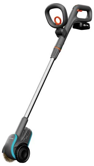 Elektrisk ogräsrensare med ergonomiskt handtag och roterande borste för effektiv rengöring av gångvägar.