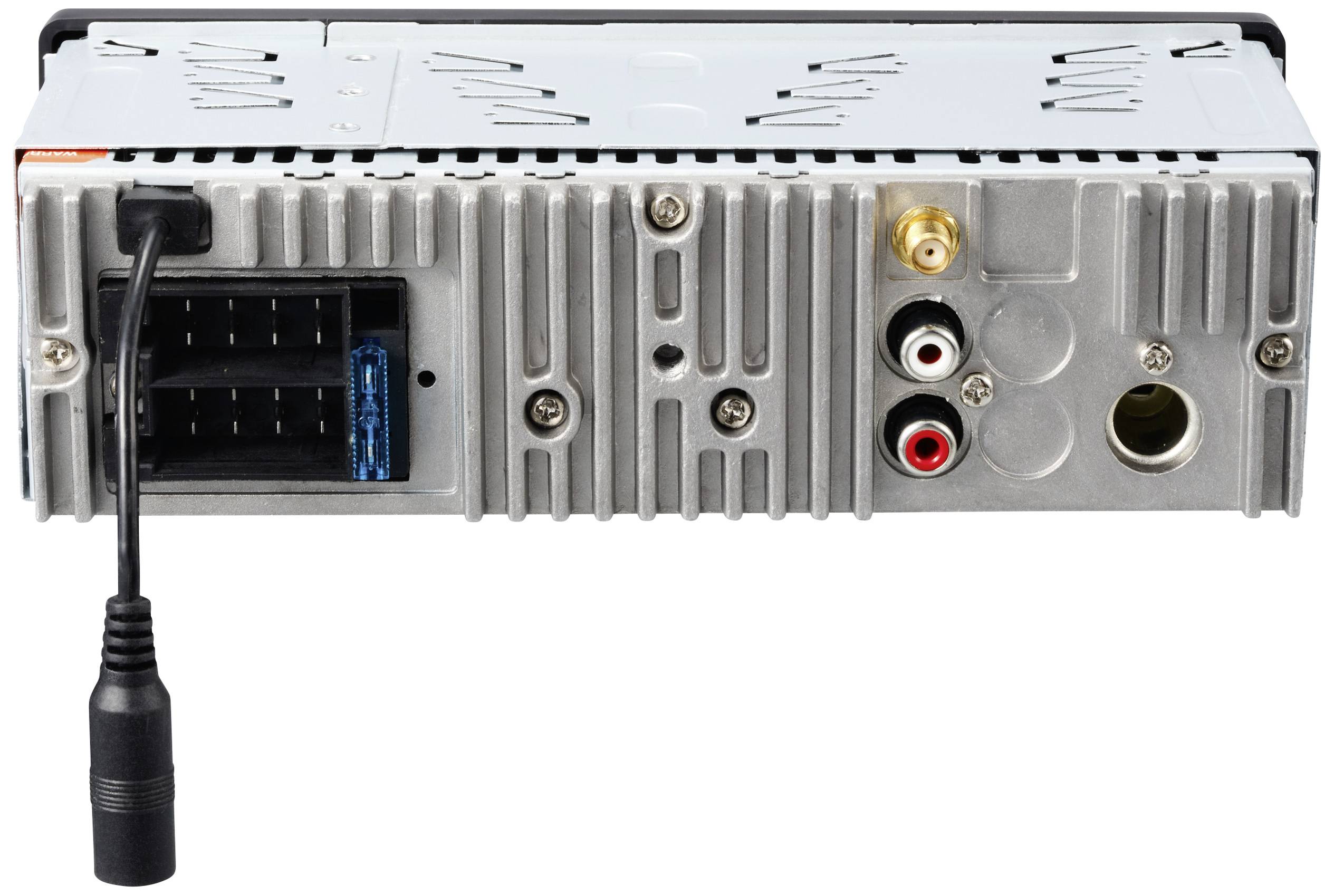 Baksidan av en bilradio med anslutningar: ström- och högtalarkontakter till vänster, två RCA-uttag, antennuttag till höger.
