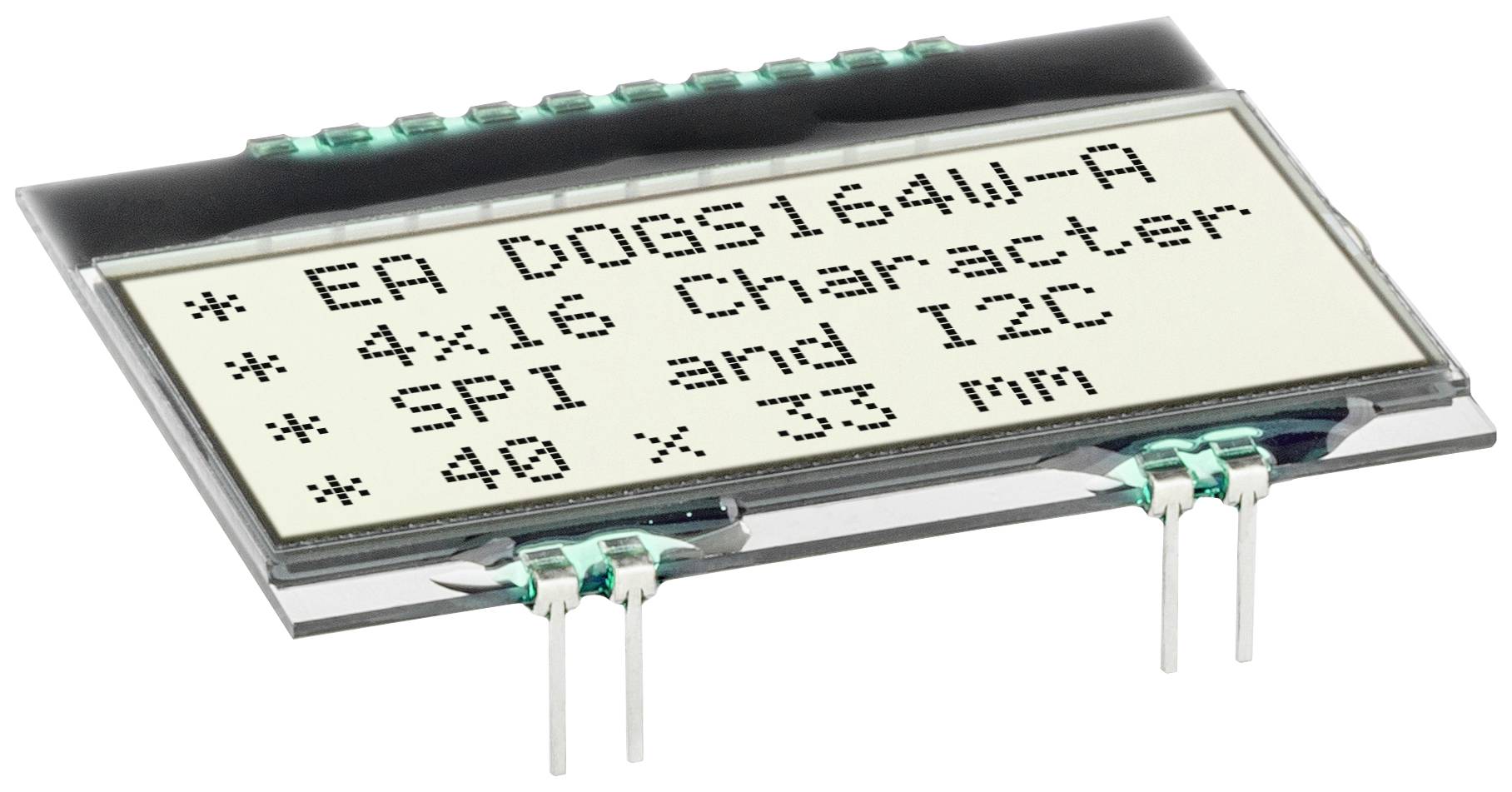 Bild av ett LCD-display med text: 'EA DOGS164W-A', '4x16 tecken', 'SPI och I2C', '40 x 33 mm'.