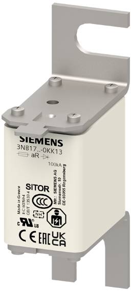 Elektrisk Siemens säkringsinsats, modell 3NB17-0KK13, 100kA, med metallhållare och diverse certifieringslogotyper.