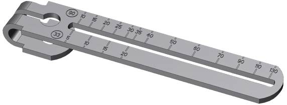 Metallisk vinkelmätare med markeringar från 0 till 100 i steg om 10. Avsedd för precision vid vinkelmätningar.