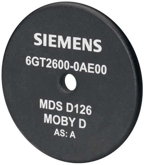 'Svart Siemens RFID-tagg med inskriptionen: 6GT2600-0AE00, MDS D126, MOBY D, AS: A.'