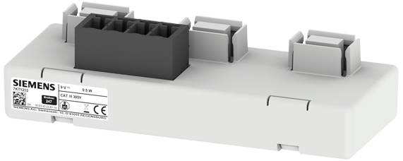 Elektriskt modul från Siemens, grå, med svart anslutning överst. Märkningar och symboler synliga på vänster sida.