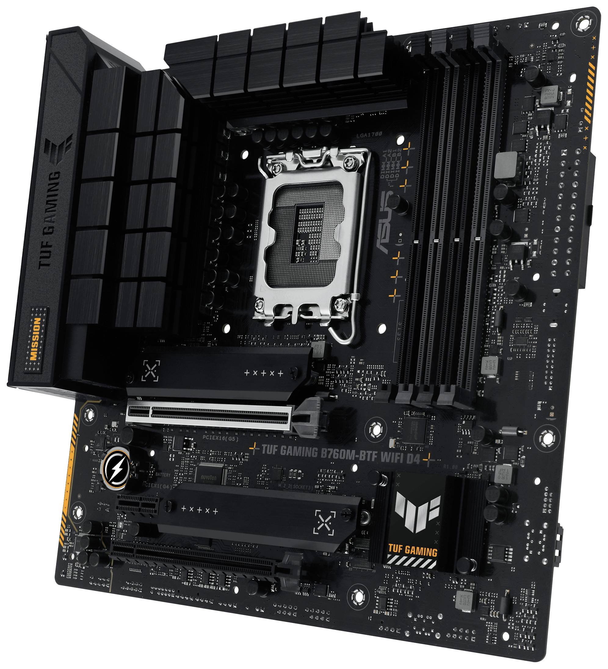 Moderkort för en ASUS TUF Gaming B760M-BTF WiFi D4 som visar anslutningar, RAM-platser och kylningskomponenter.