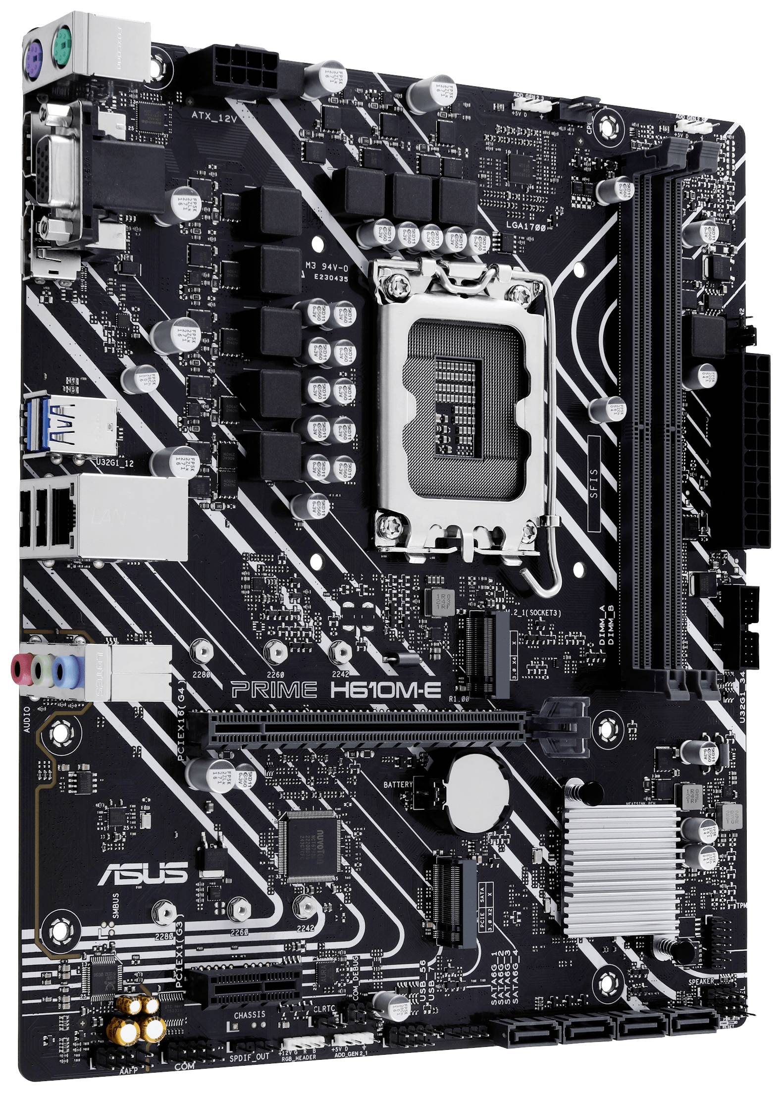ASUS-moderkort modell H610M-E med ett svart kretskort, flera anslutningar och kortplatser för processor, RAM och expansionskort.