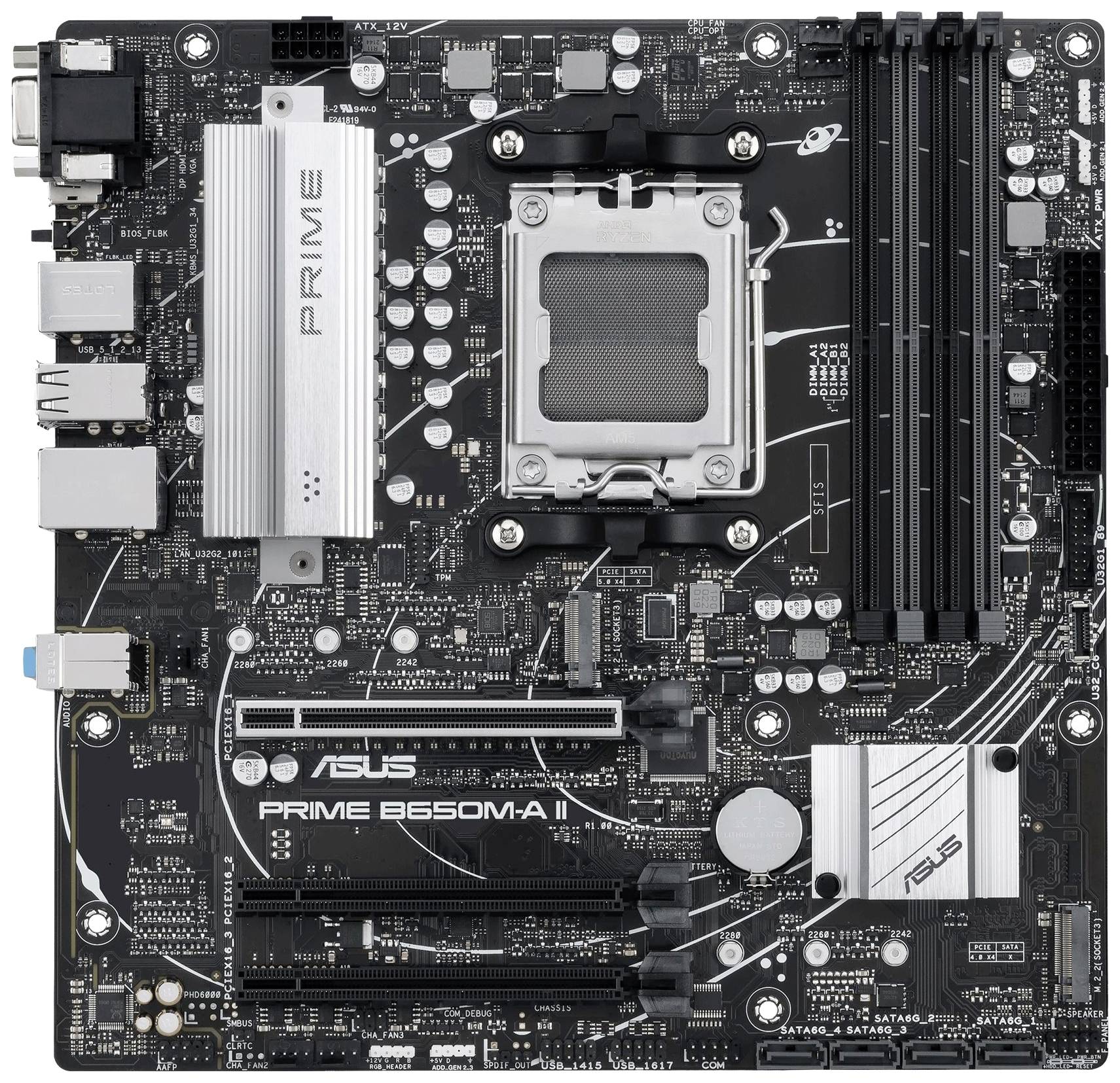 ASUS PRIME B550M-A II moderkort med AM4-sockel, PCIe-kortplatser, fyra RAM-platser, anslutningar vid sidan och kylkroppar.