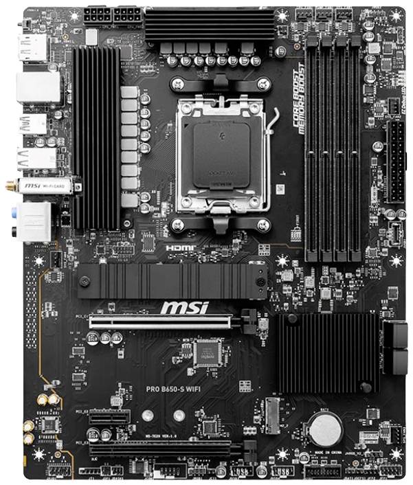Ett moderkort med flera platser och anslutningar, inklusive en CPU-sockel, RAM-platser och PCIe-portar. Lämpligt för installation av hårdvarukomponenter.