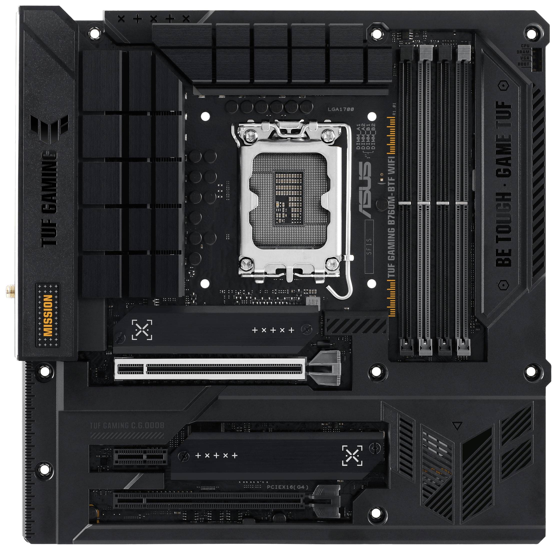 Ett svart moderkort med flera expansionsplatser och anslutningar, bland annat PCIe, RAM-platser och en CPU-socket. Märkt med 'TUF Gaming'.