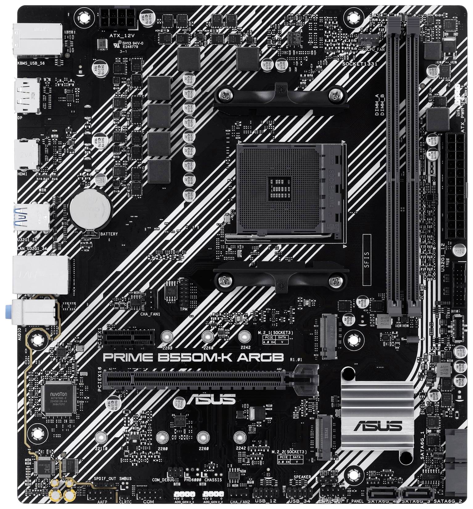 Svart ASUS Prime B550M-K ARGB-moderkort med vita ränder, flera kortplatser och gränssnitt för datorkomponenter.