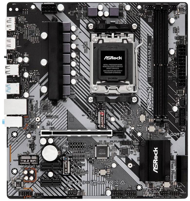 Ett ASRock-moderkort med flera anslutningar och komponenter, inklusive PCIe-kortplatser, RAM-bankar och en CPU-sockel.