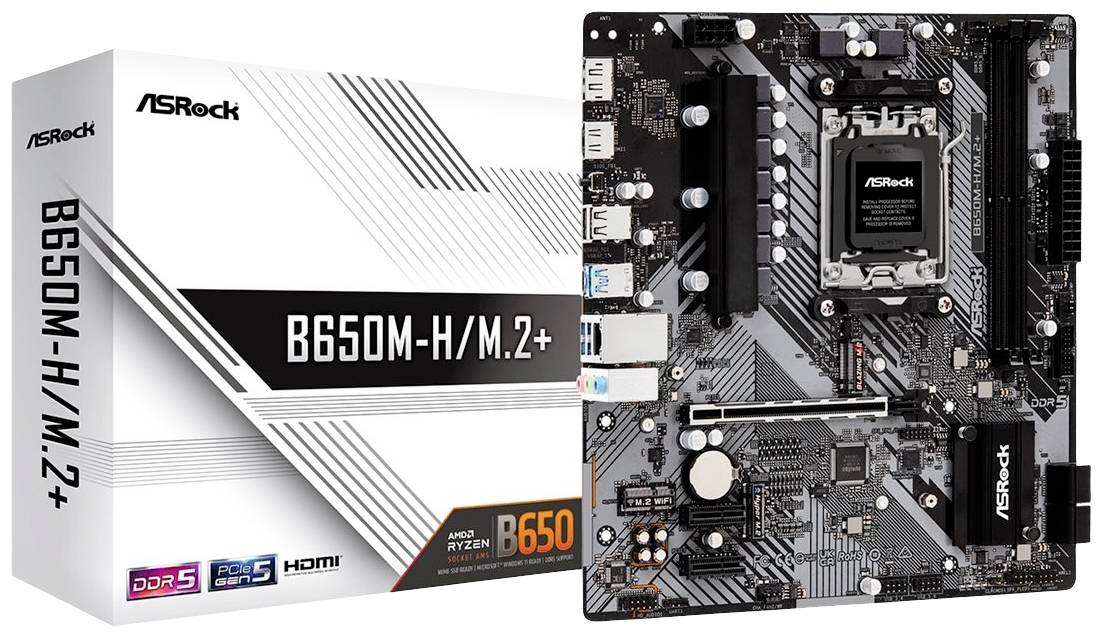 ASRock B650M-H/M.2+ moderkort med förpackning. Stöder DDR5, PCIe Gen5, HDMI. Kompatibel med AMD Ryzen-processorer.