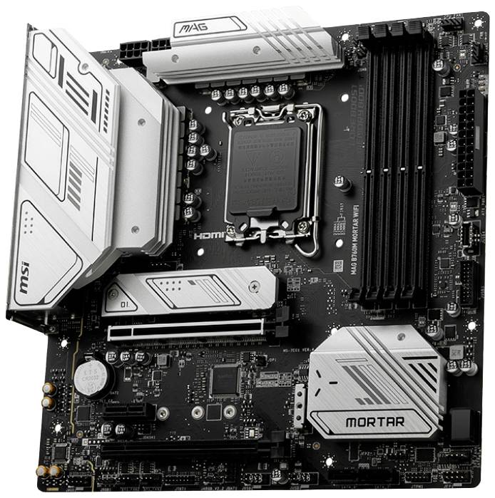 Moderkort med flera PCIe-platser, fyra RAM-platser och CPU-socket. Typ MSI MAG B560M MORTAR, silver-svart.