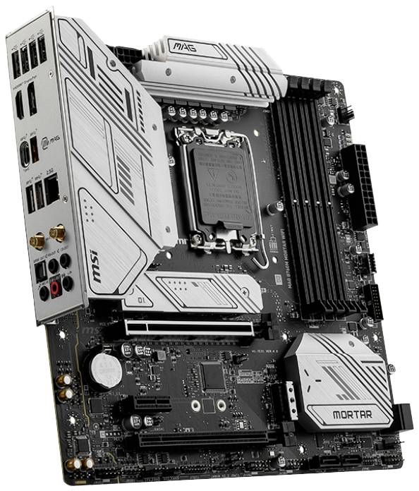 Datormoderkort med flera anslutningar, RAM-platser och CPU-sockel, lämplig för PC-sammansättning och hårdvaruuppgraderingar.