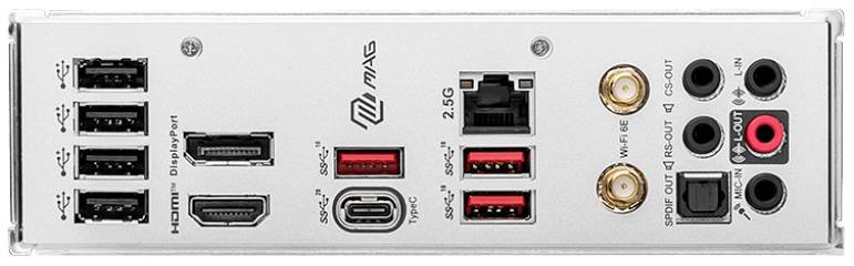 Baksidan av ett moderkort med HDMI-port, flera USB-portar, nätverks- och ljudanslutningar samt Wi-Fi-antennanslutningar.