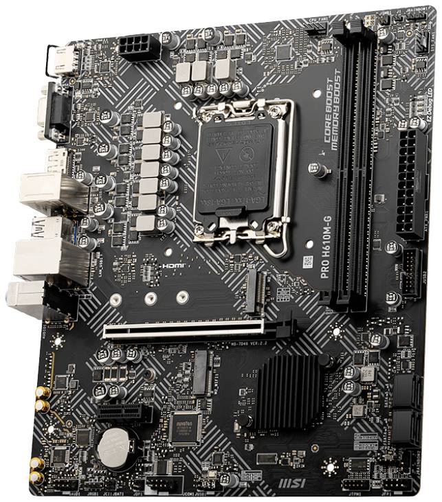 Svart moderkort med flera anslutningar och kortplatser, inkl. HDMI-port och RAM-platser. Designad för datorsammansättning.