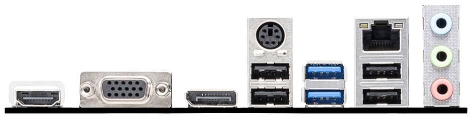 Baksidan av ett datormoderkort med olika anslutningstyper: HDMI, VGA, USB-portar, LAN-anslutning och audiouttag.