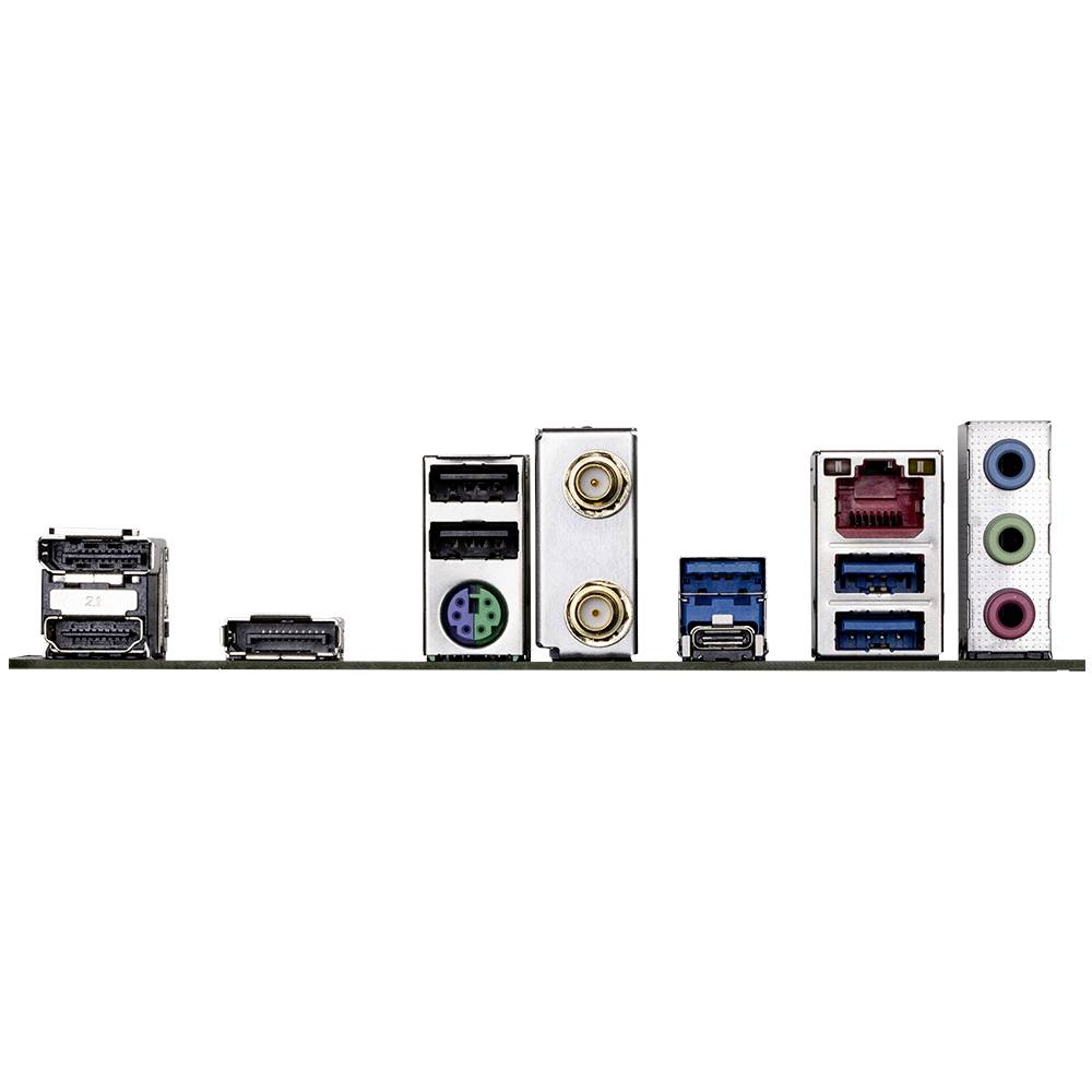 Anslutningar på baksidan av ett moderkort: HDMI, DisplayPort, USB, PS/2, LAN-port samt ljud-in- och utgångar.