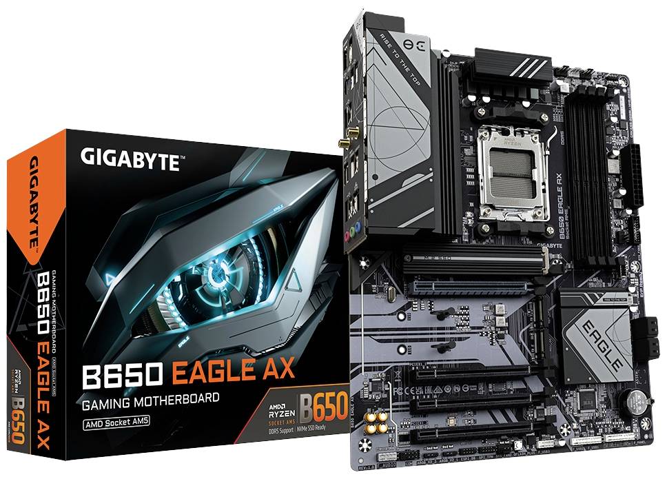 Moderkort 'GIGABYTE B650 EAGLE AX' med förpackning. Stöder AMD Ryzen-processorer, erbjuder PCIe 5.0, WiFi 6E och DDR5-minne.