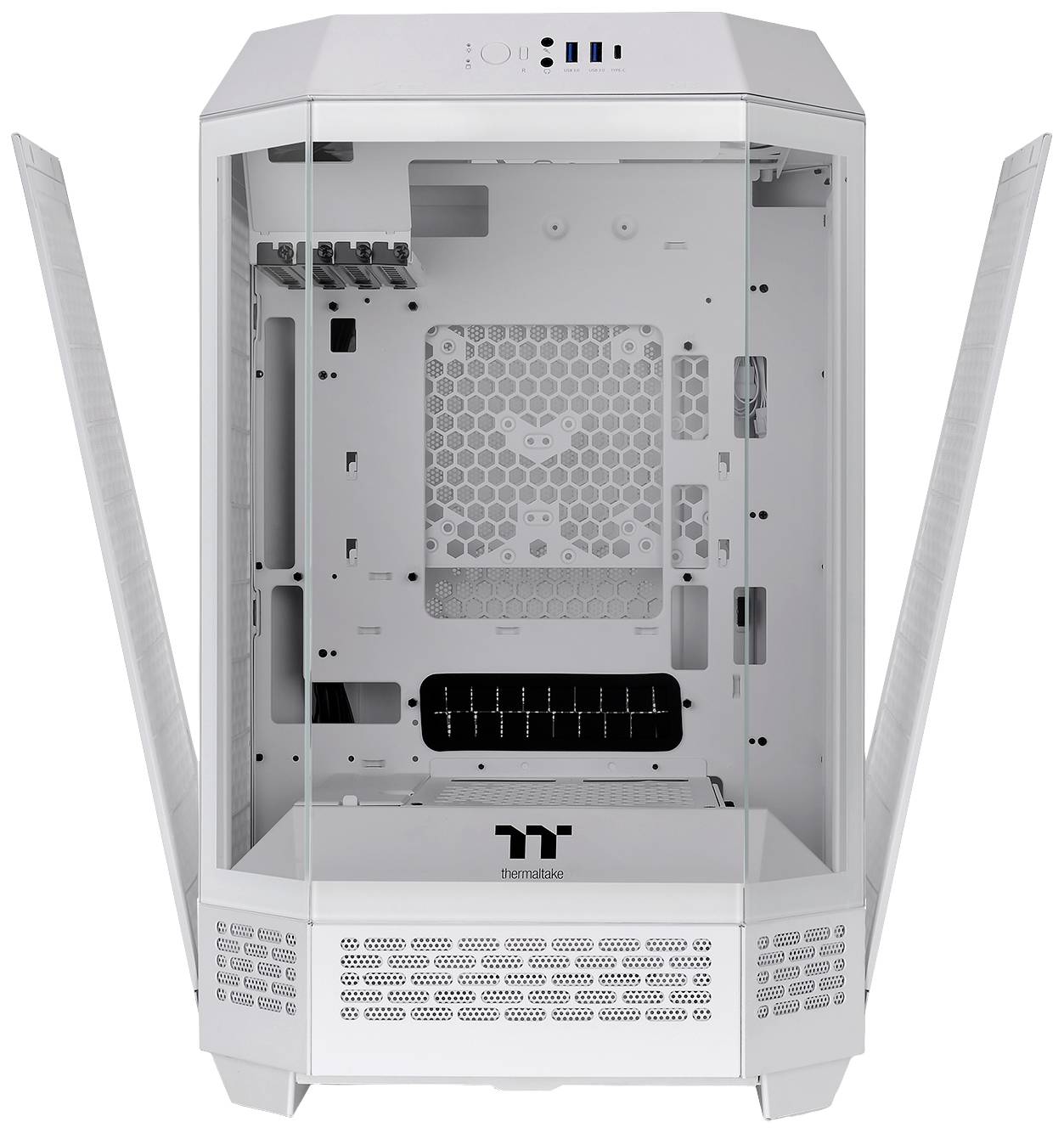 Vitt datorhölje med glaspaneler, öppet. Minimalistisk design med Thermaltake-logotyp nedtill. Mångsidiga fästen för PC-komponenter.