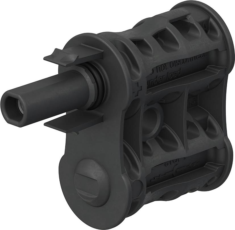 En svart plastdetalj med en cylinderformad förlängning och strukturerade ytor, använd i tekniska tillämpningar.