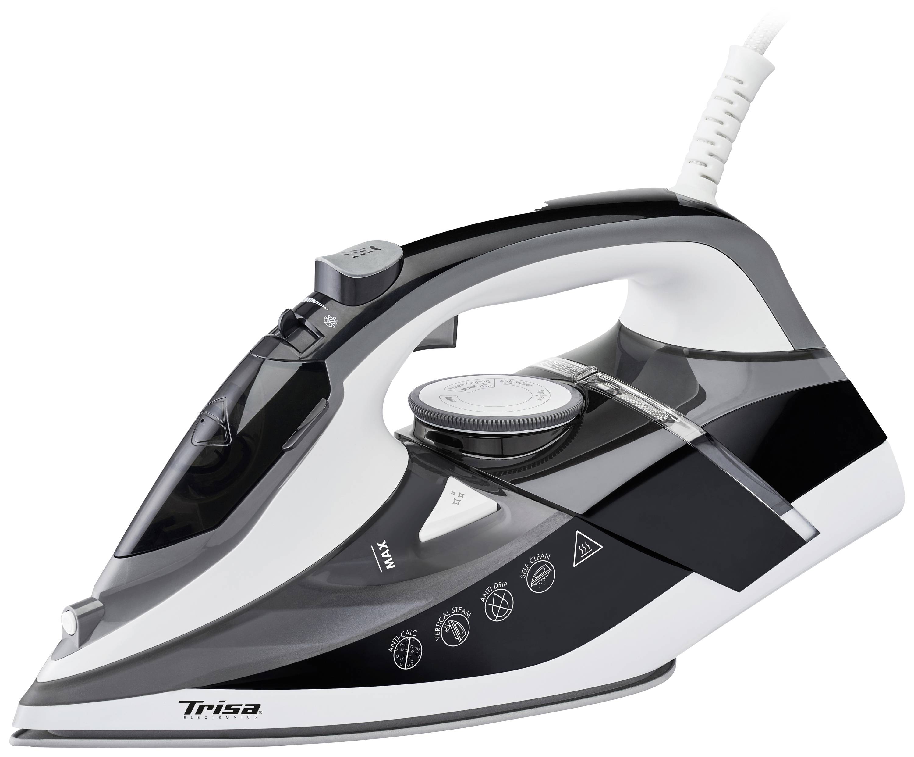 Ett svart och vitt ångstrykjärn med olika temperaturinställningar och ångalternativ, tillverkat av Trisa.