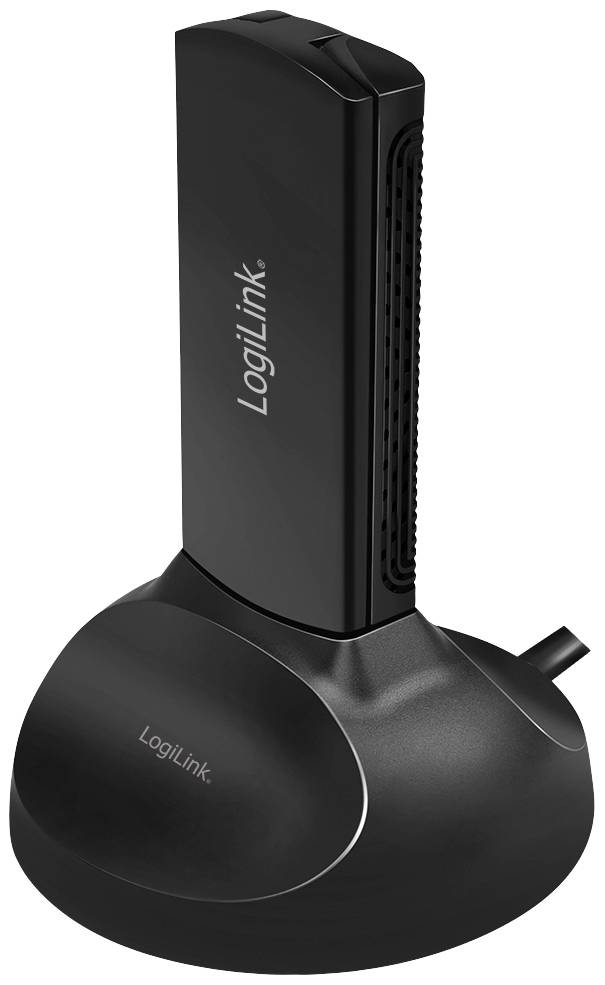 En svart, vertikal USB-adapter från LogiLink står på en rund bas, lämplig för trådlösa nätverksanslutningar.