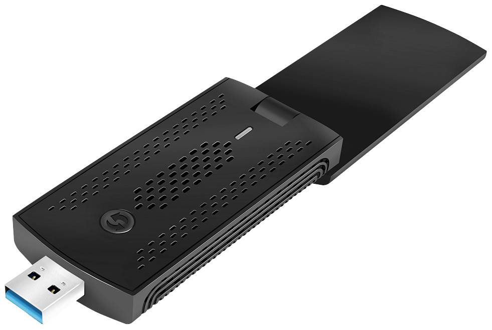 En svart USB-sticka med vikbart skyddslock och blått USB-A-gränssnitt, designad för dataöverföring och lagring.