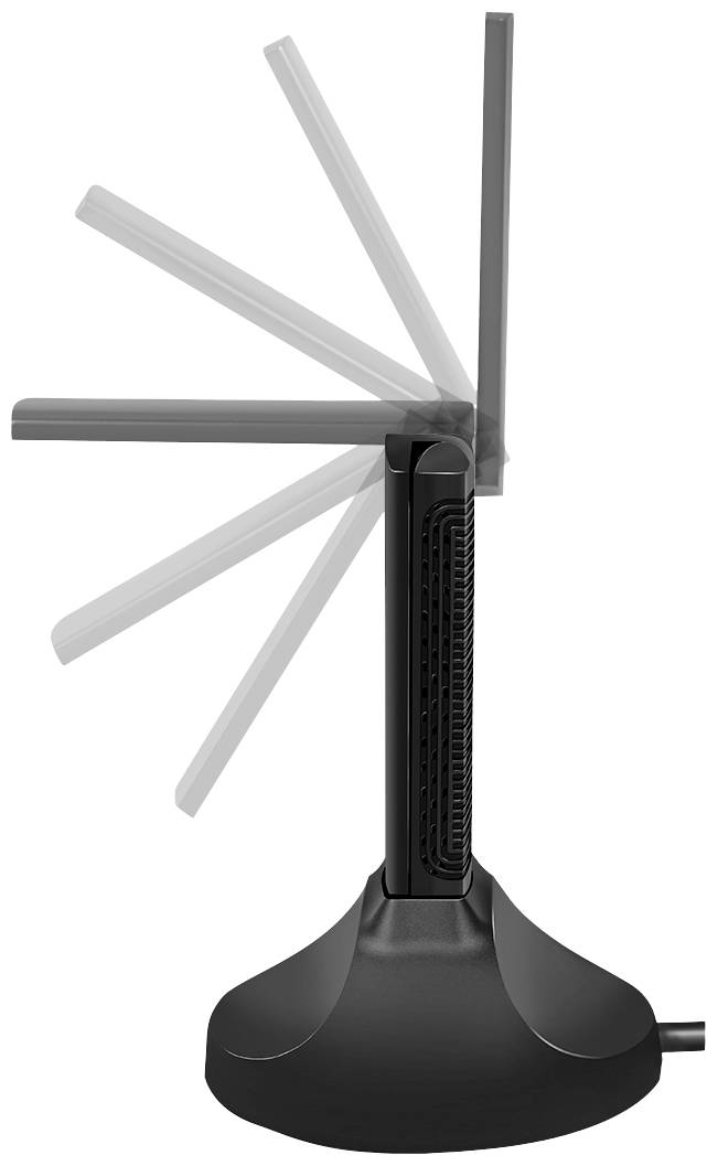 En svart bordsbordsventilator med ett justerbart huvud visar olika lutningsvinklar.