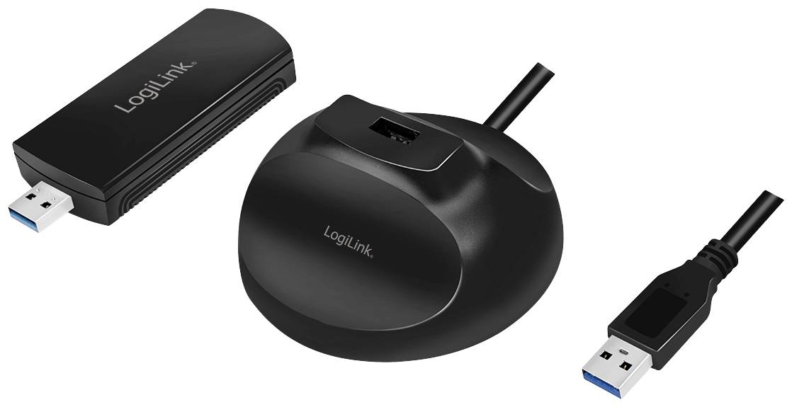 USB-dockningsstation från LogiLink med svart, oval design, USB-anslutning och löstagbar adapter. Perfekt för att ansluta och ladda enheter.