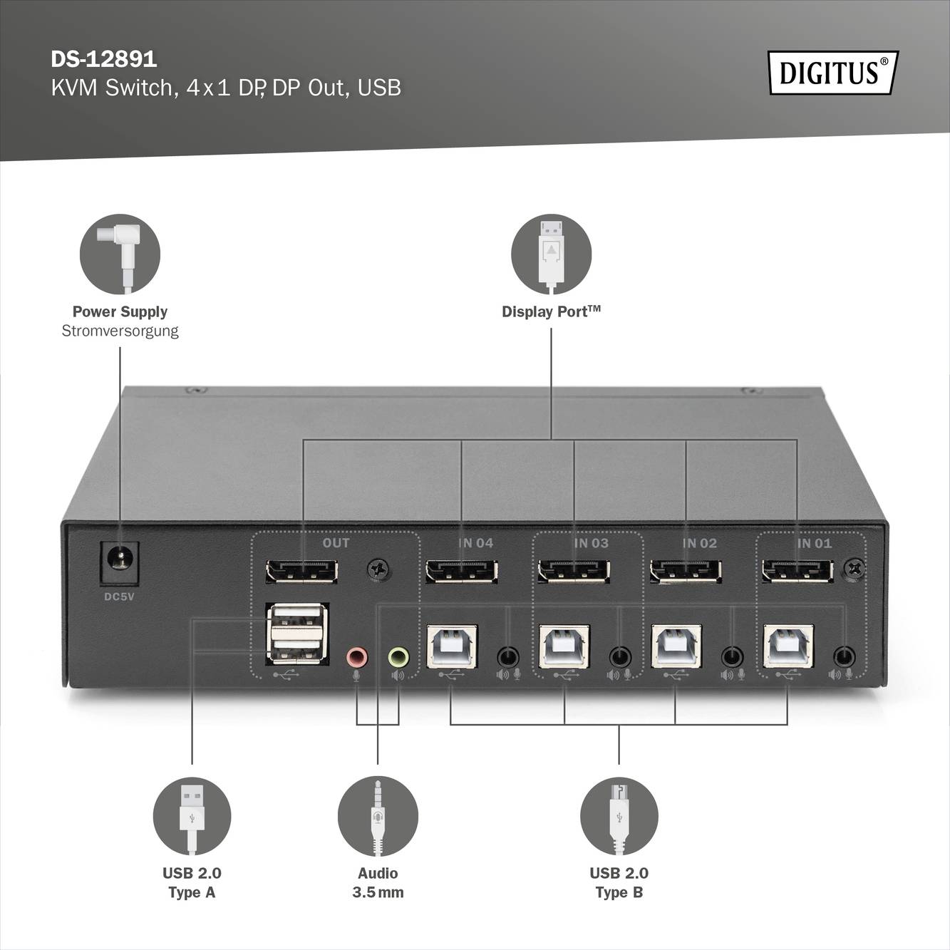 KVM-switch DS-12891 med fyra DisplayPort-anslutningar, USB 2.0 Typ A och B, ljudanslutning och strömförsörjning för effektiv omkoppling.