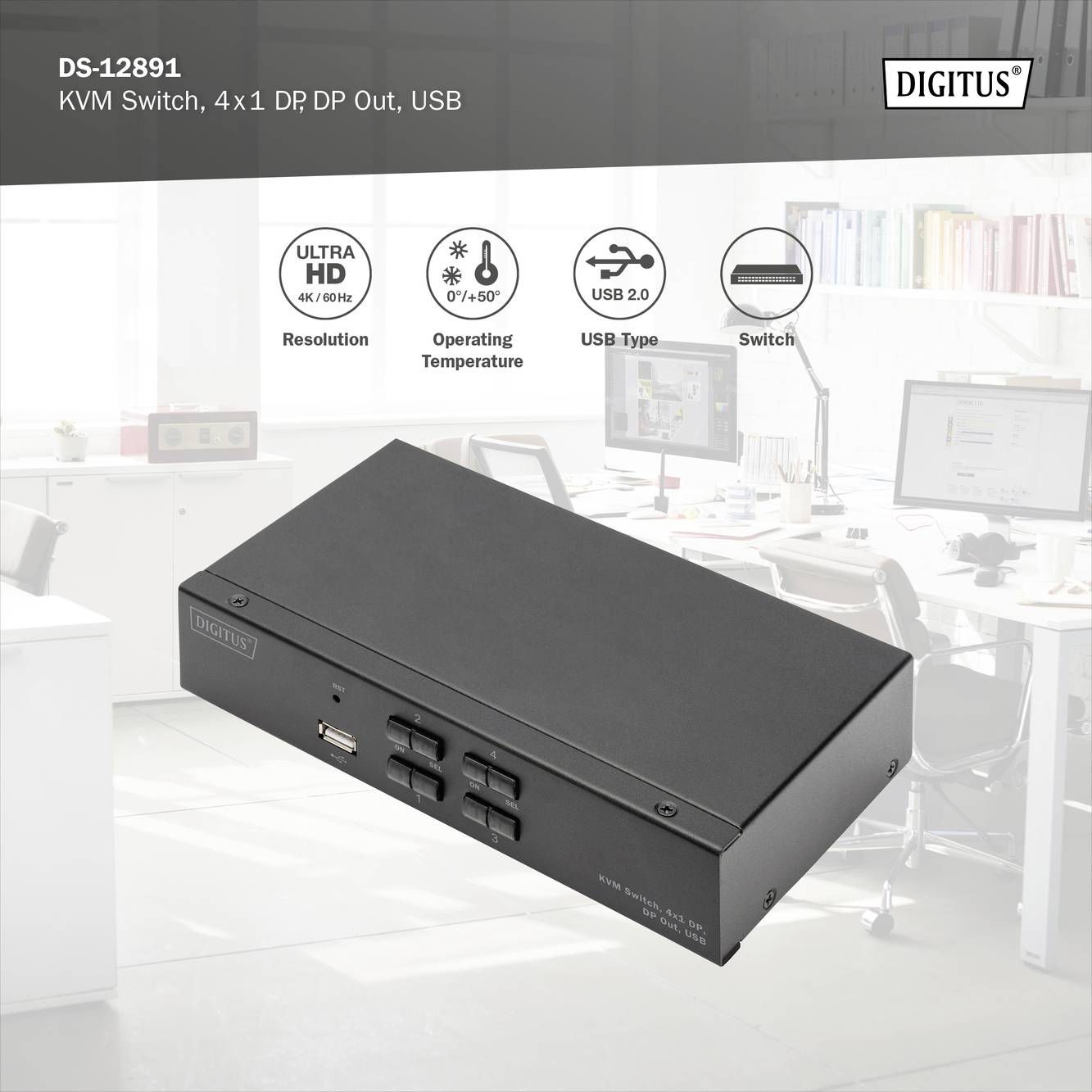 En svart KVM-switch från märket Digitus, modell DS-12891, med fyra DisplayPort-anslutningar och USB. Bakgrunden visar ett kontor.