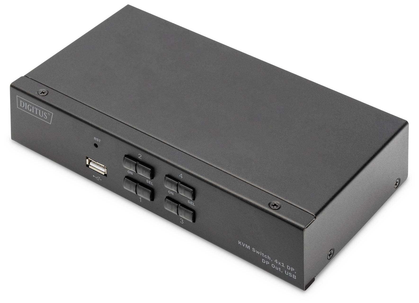 En svart KVM-switch-låda med fyra omkopplningsknappar och en USB-anslutning på framsidan, varumärkets logotyp längst upp till vänster.