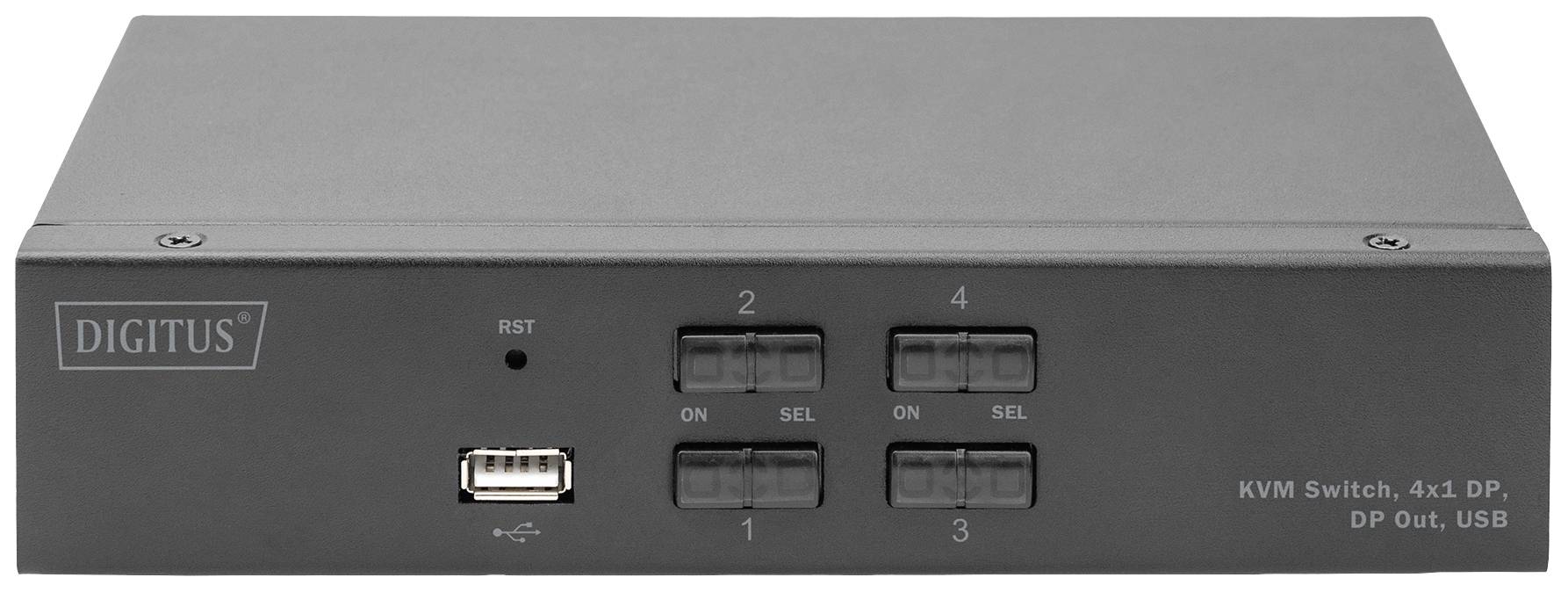 KVM-switch från Digitus med fyra DisplayPort-anslutningar och USB-port på framsidan, lämplig för hantering av flera datorer.