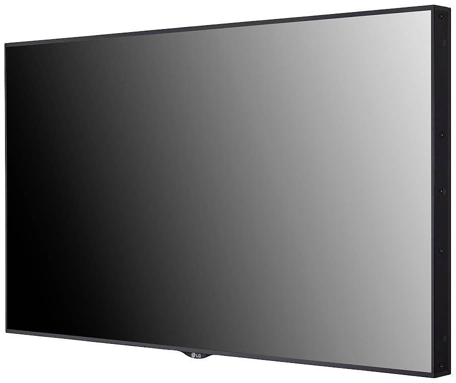 En stor, rektangulär platt skärm i svart, något lutad. Perfekt för presentationer eller som skärm i konferensrum.