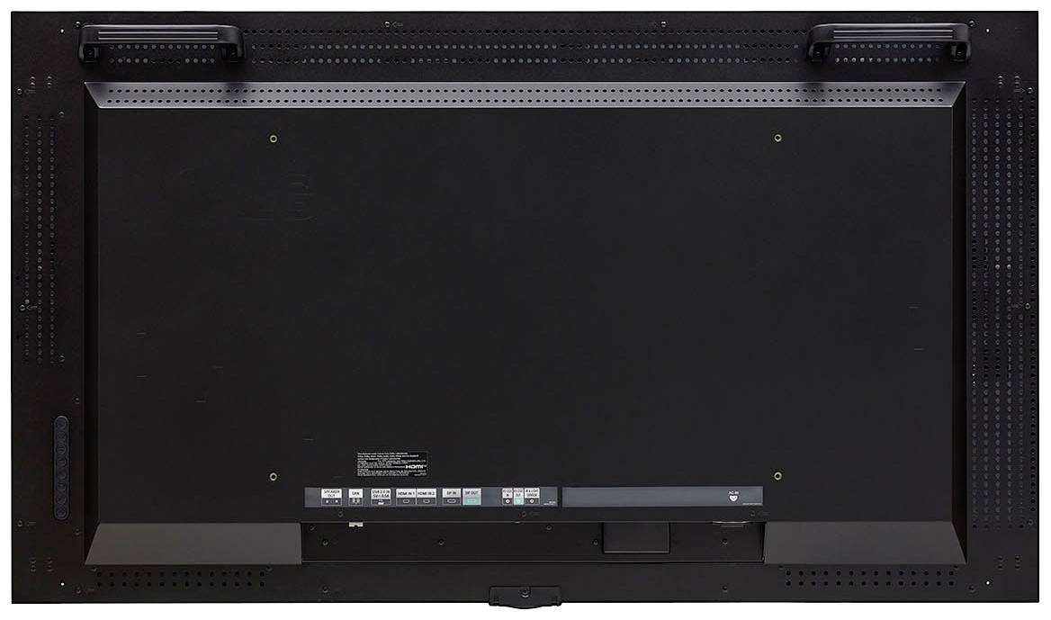 Bilden visar baksidan av en stor platt skärm. Infästningspunkter, ventilationsspringor och anslutningsfält är synliga.