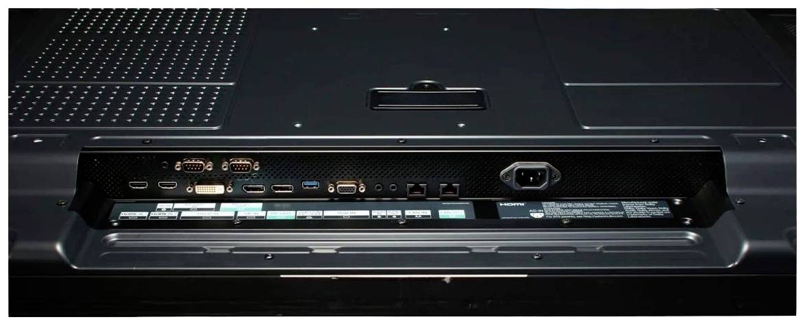 Baksidan av en bildskärm med olika anslutningar, däribland HDMI, DisplayPort och USB.