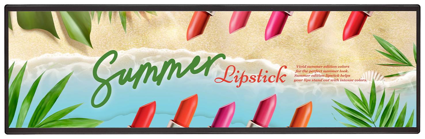 Sommarläppstift' reklamaffisch: Olika läppstiftsfärger i en tropisk strandmiljö. Perfekt för sommaren; ljus och livfull.