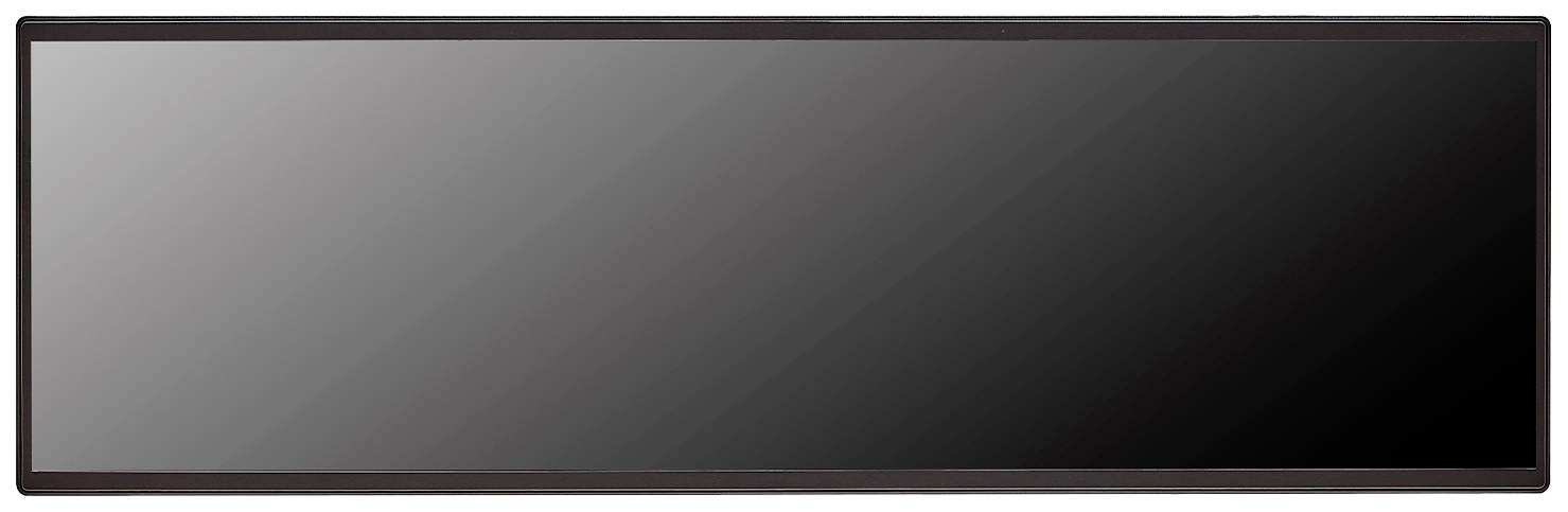 En rektangulär, stor spegel med en smal, mörk ram.