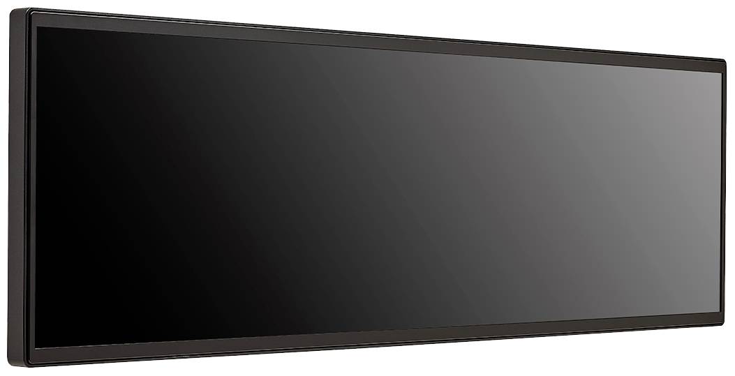 En bred, rektangulär, svart skärm med en smal ram, lutad något åt sidan. Skärmen är avstängd.