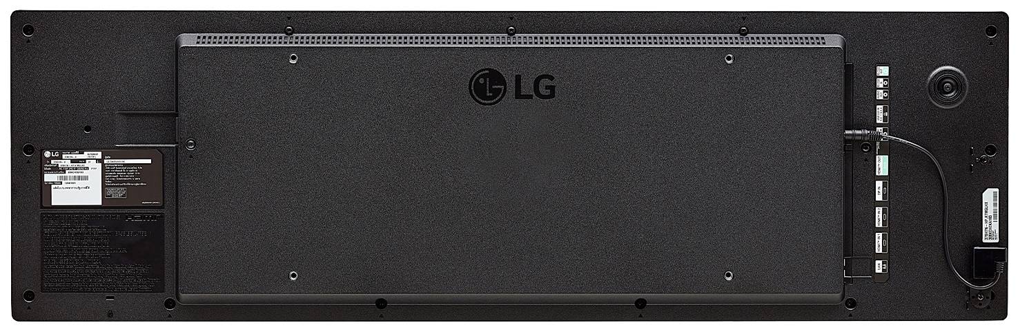 Baksidan av en LG-skärm med flera anslutningar och monteringsmöjligheter.