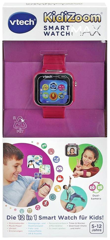 VTech Kidizoom Smart Watch Max förpackning visar en röd smartwatch. Lämplig för barn mellan 5-12 år med dubbelt kamera och spel.