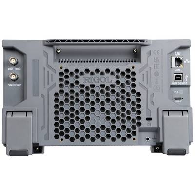 Baksidan av en elektronisk enhet med ventilationsgaller. Anslutningar: EXT TRIG, VM COMP, LAN, USB DEVICE. Varumärket 'RIGOL' ingraverat.