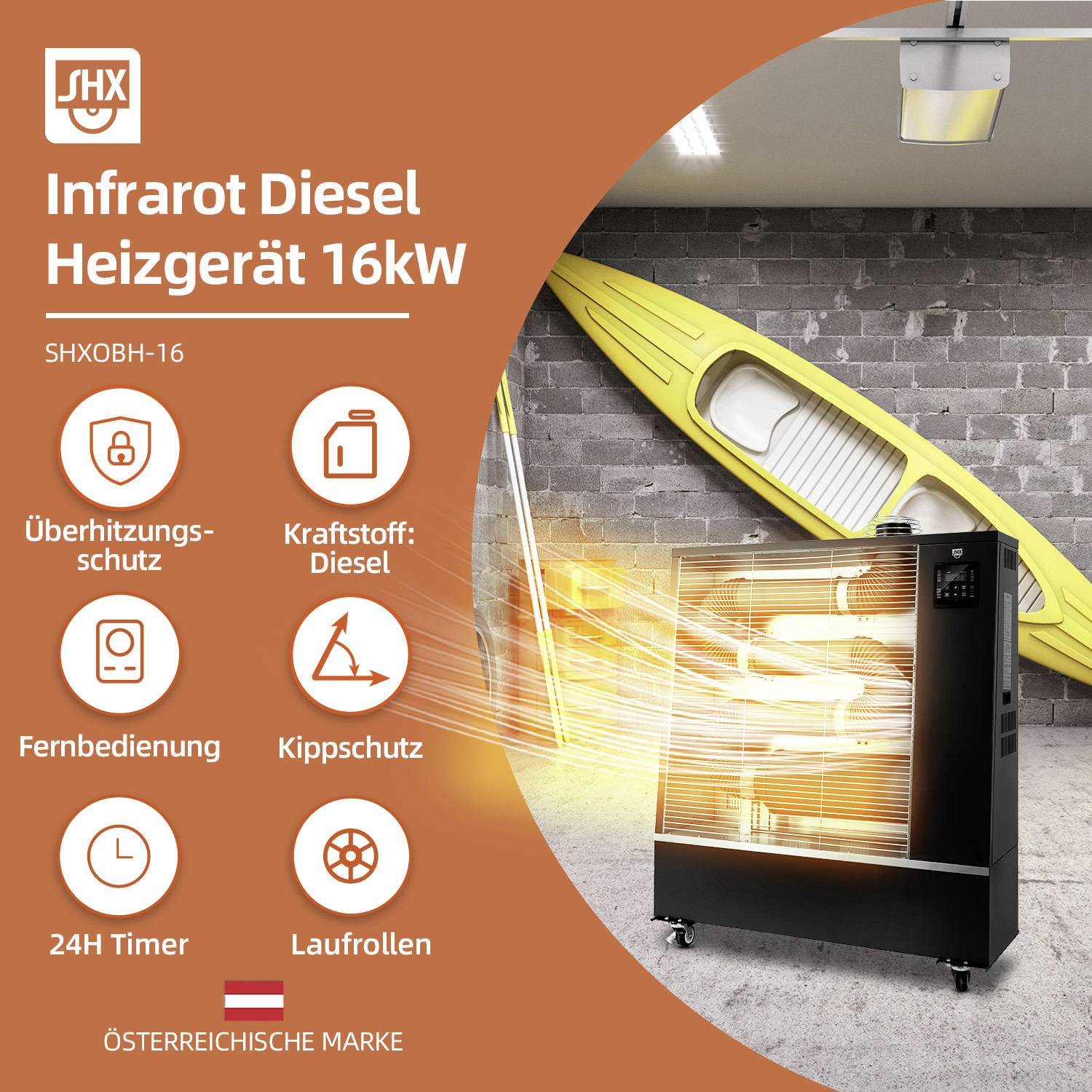 'Infraröd dieselvärmare 16 kW' framhävs, med funktioner som överhettningsskydd, fjärrkontroll och hjul. Gul kajak i bakgrunden.