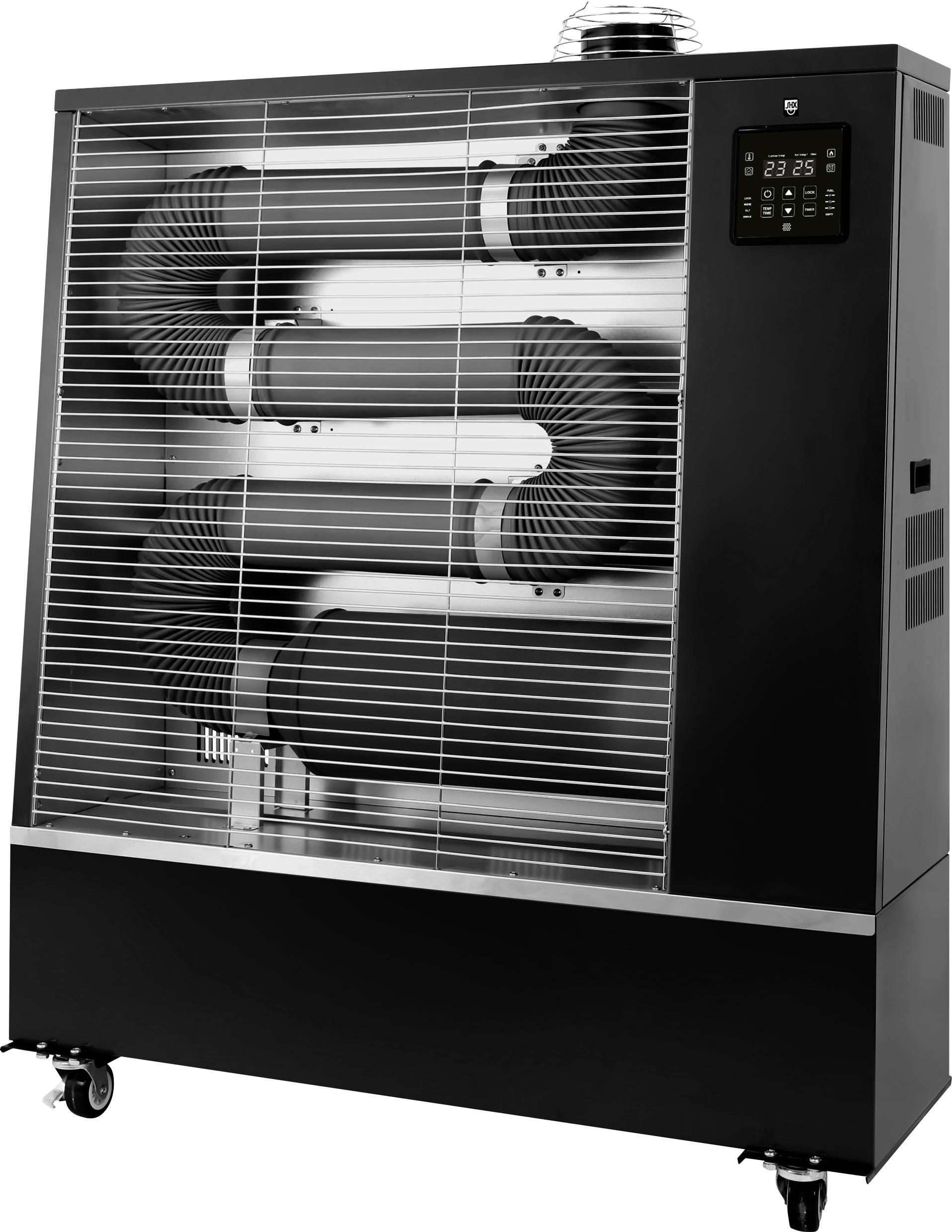 En svart mobil värmefläkt med en digital kontrollpanel i det övre högra hörnet, visar temperaturvisning och har hjul för enkel förflyttning.