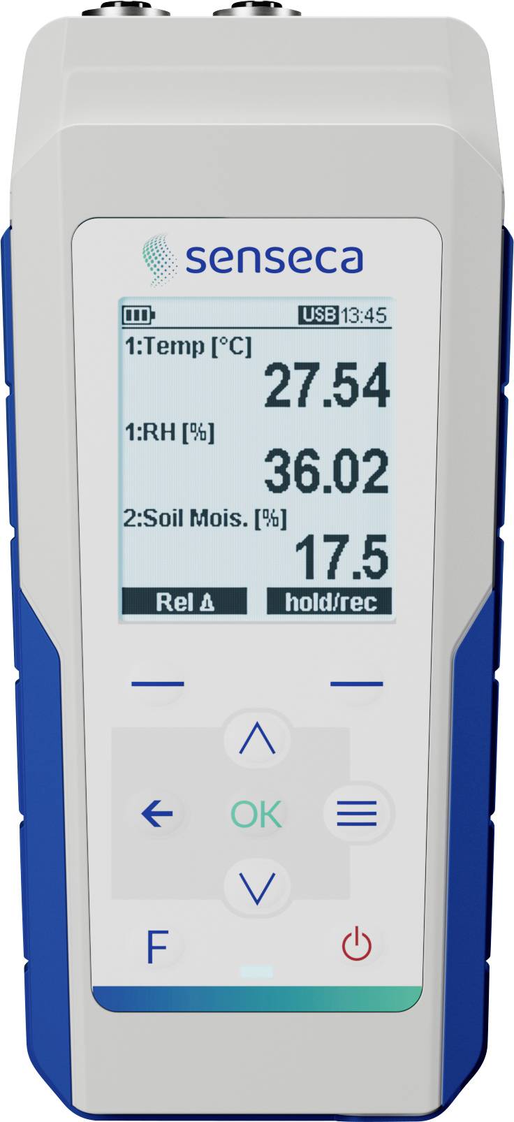 En handhållen digital enhet visar avläsningar av temperatur (27,54°C), relativ luftfuktighet (36,02%) och markfuktighet (17,5%).